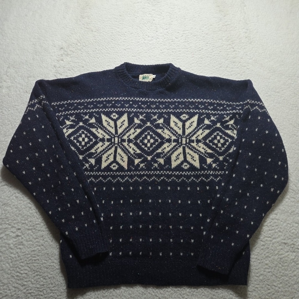 Vintage REI Fair Isle Sweater Mens XL Navy Blue Cotton Knit Possible Wool